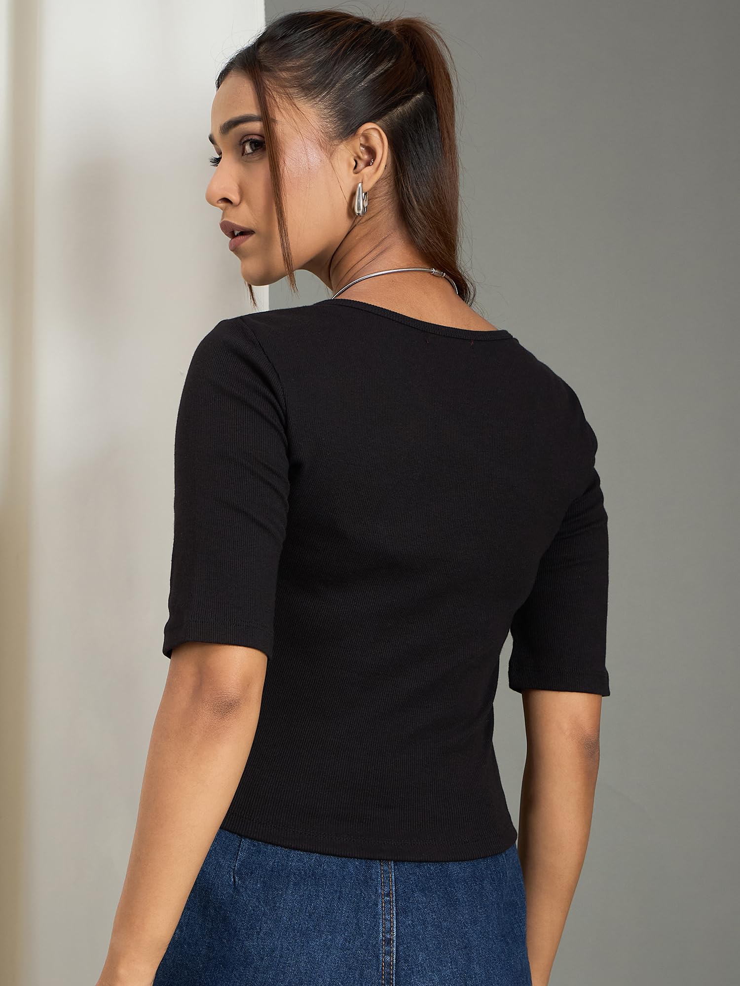 WineRed Women Black Asymmetrical Neck Ribbed Top 2