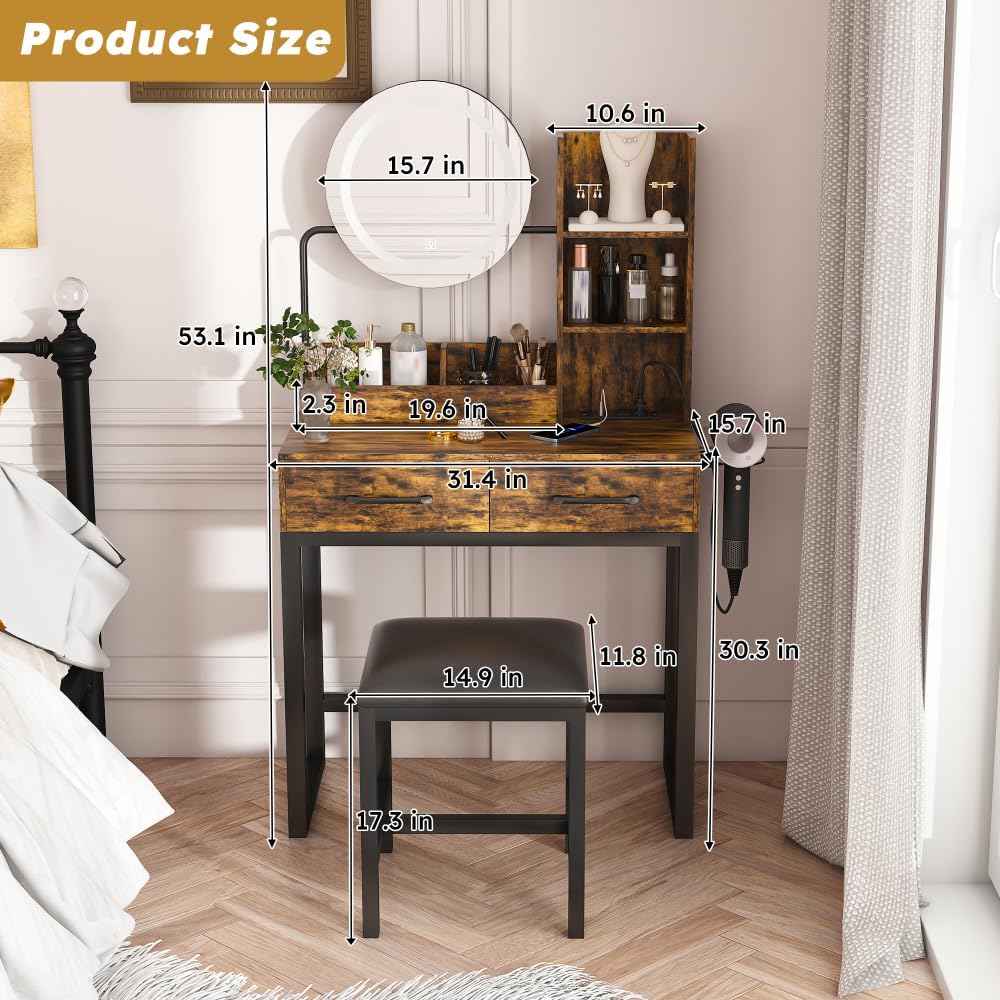 Diagram showing detailed dimensions of the KBBYT Makeup Vanity Desk