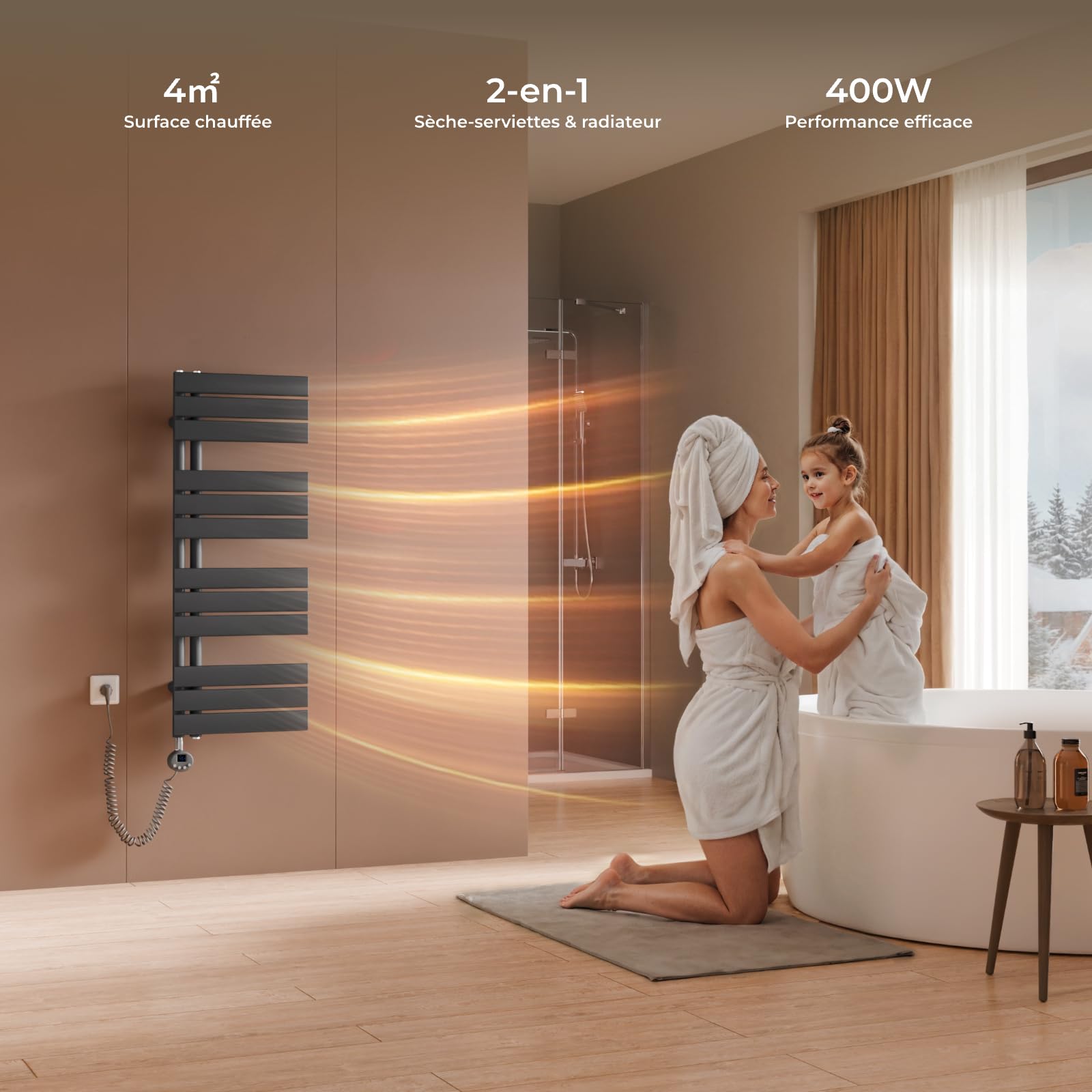 S'AFIELINA toallero eléctrico con termostato Antracita, 1041x400mm, 400W, radiador eléctrico para Toallas, Resistencia eléctrica, Temporizador, termoarredo para baño, Panel con conexión Lateral