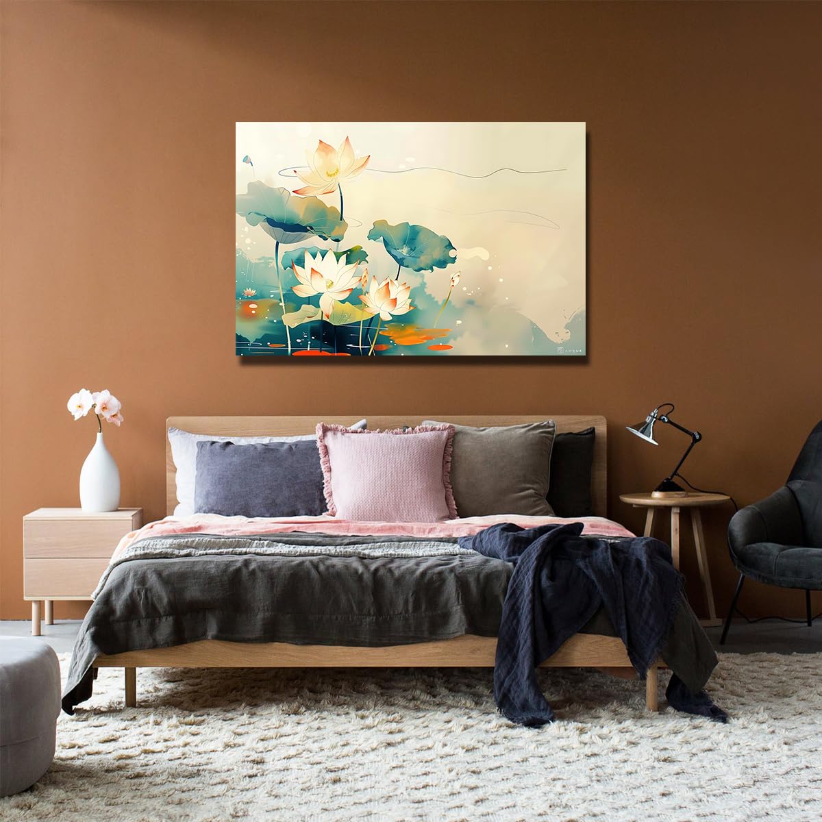 Oprawiony kwiat lotosu akwarela kwiaty obraz jako sztuka ścienna 60 x 90 cm
