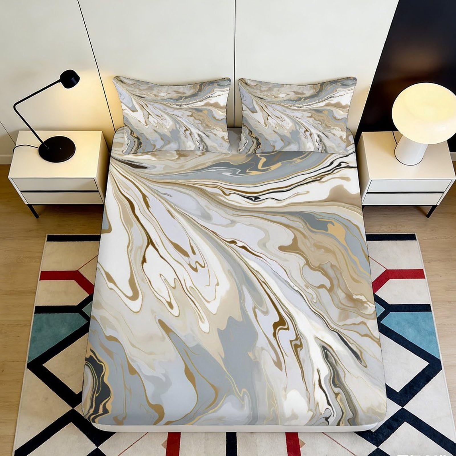 3D Printed Marble Swirl Fitted Sheet Microfiber Soft Breathable Abstract Waves Bed Cover for Bedroom Guest Room Decor 90x200x25cm
