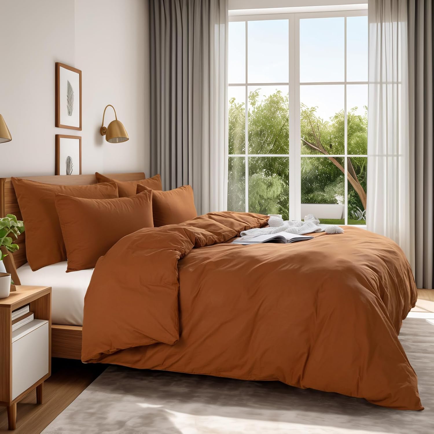 NEXHOME PRO Duvet Cover Set 100% Washed Cotton Oversized King 120"x98" Linen Feel Textured Organic Natural 3 Pieces Bedding Set Terracotta Burnt Orange with Zipper Closure Breathable(No Comforter) - Image 2