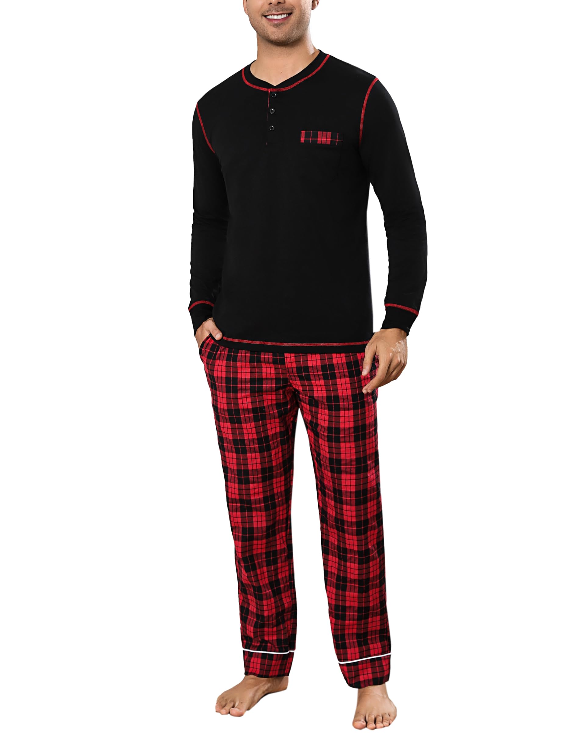 Litherday Schlafanzug Herren Lang Kariert Zweiteiliger Nachtwäsche aus 100% Baumwolle Pyjamas Set mit Rundhals Winter Pyjama