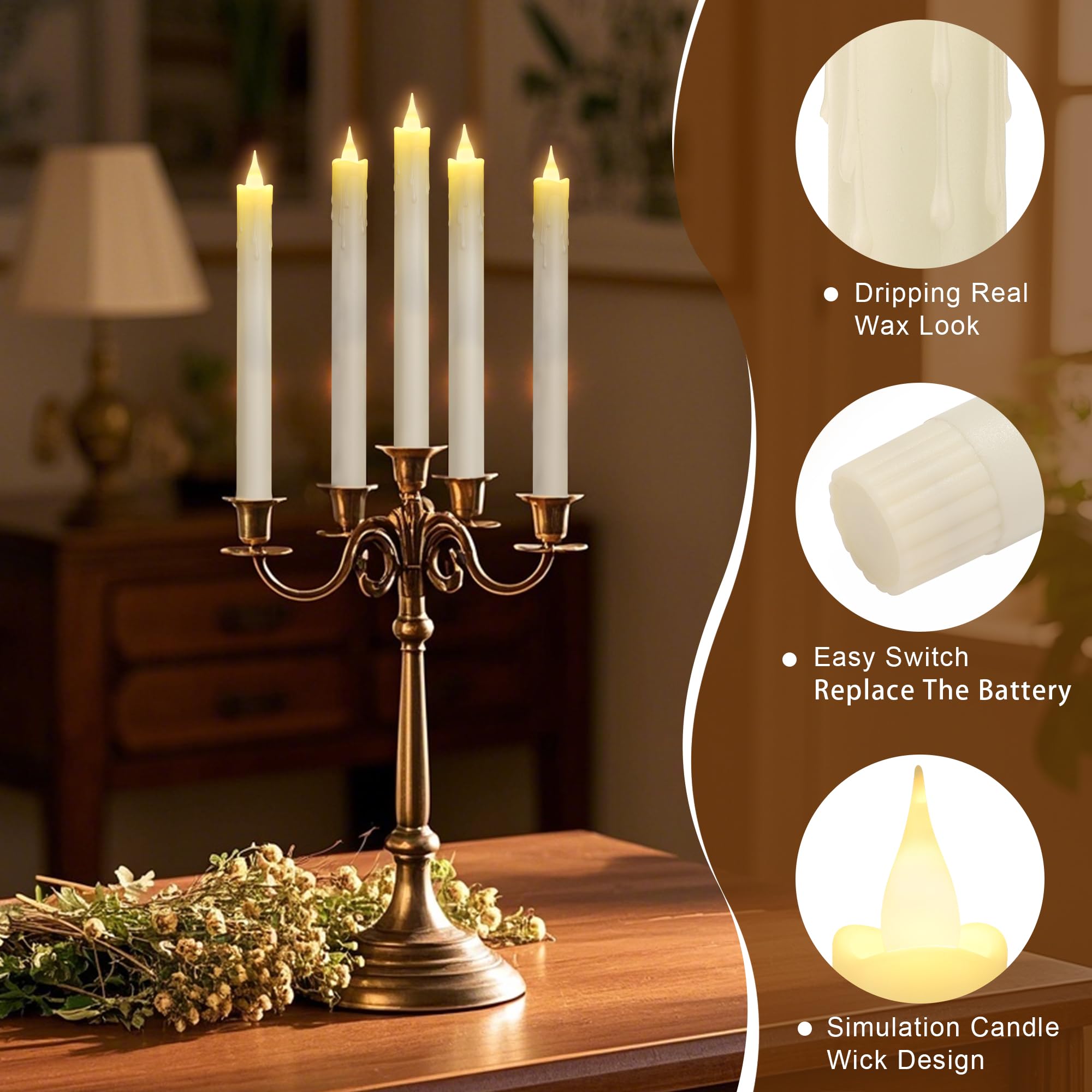 Topstone Velas cónicas con control remoto, velas decorativas sin llama de 9.5 pulgadas, funcionan con pilas con temporizador y función de atenuador, velas cónicas LED sin goteo, juego de 6
