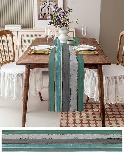 Miniatura 94 de Camino de mesa de algodón y lino estilo granja rústico retro, textura de madera de granero, color degradado marrón y gris, antideslizante,