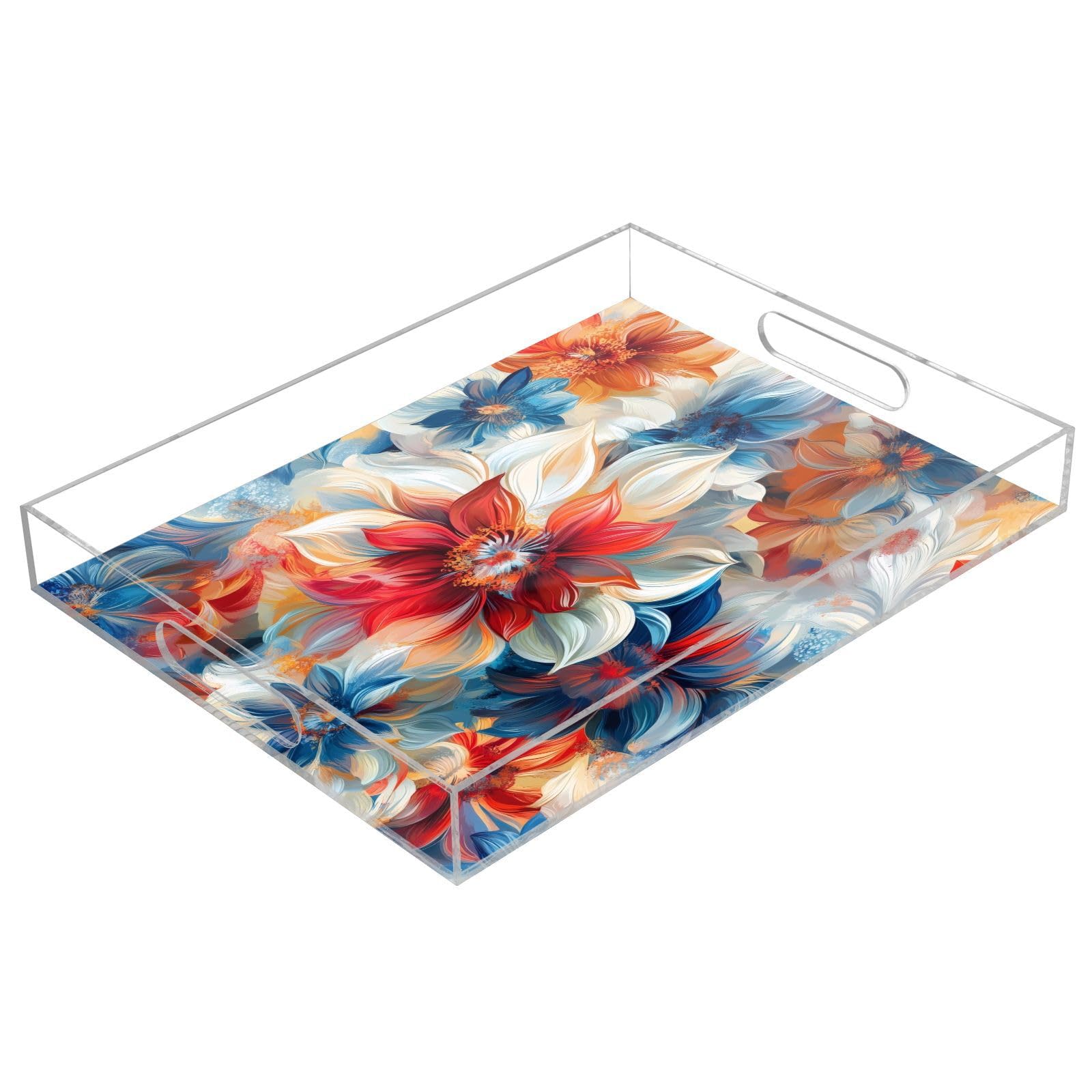 Msyxl Abstract Flowers Serving Tray for Coffee Table, Decorative Acrylic Tray Abstract Flowers Tray with with Handles for Breakfast, Ottoman, Countertop, 12x16 in