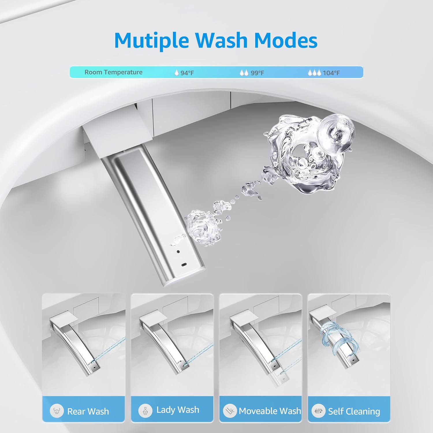 Close-up of the bidet nozzle showing rear wash, lady wash, moveable wash, and self-cleaning functions.