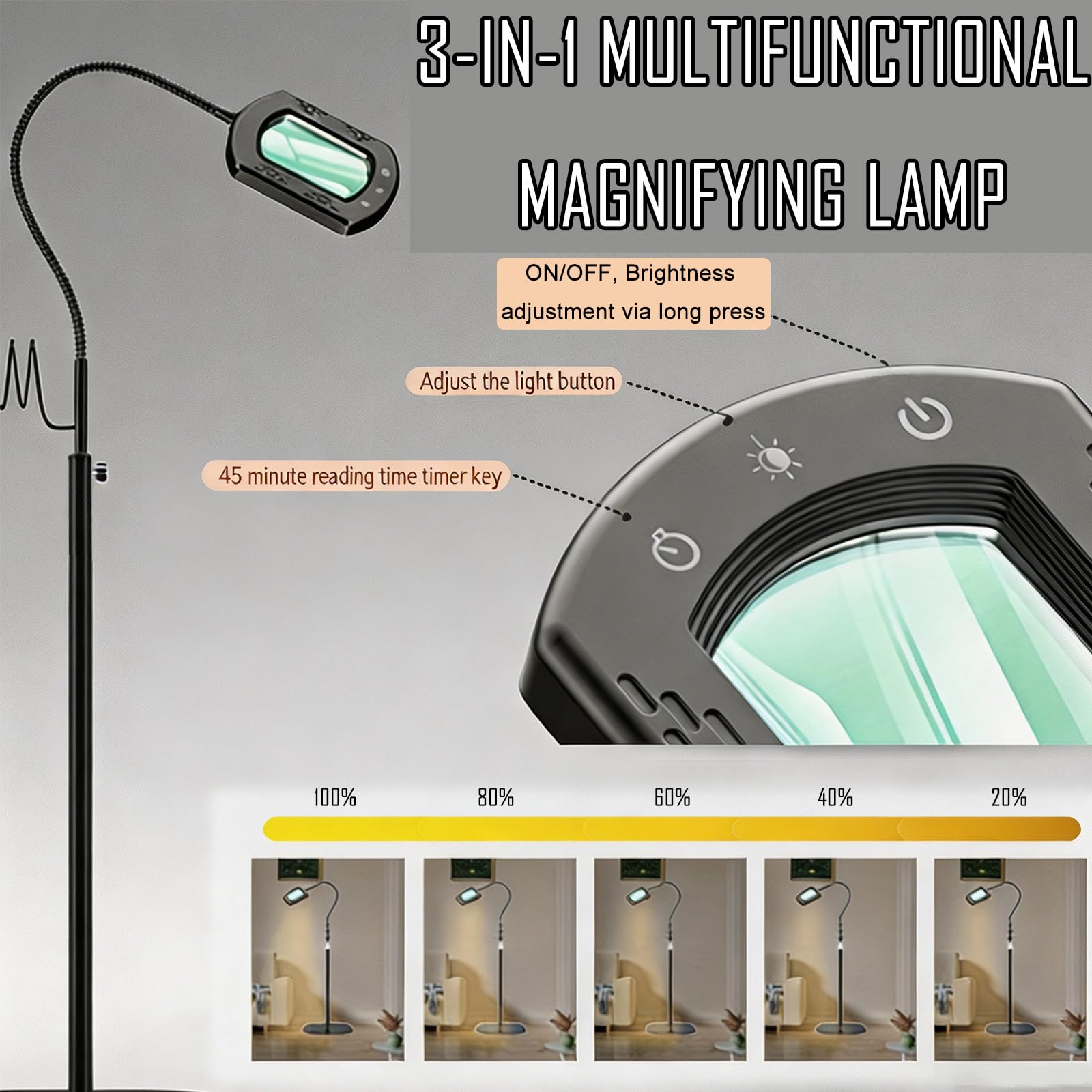 Lupa de Pie LED 3 en 1 con Cuello Cisne Flexible, Lupa de Gran Aumento con Luz Regulable en Color e Intensidad, Lámpara Lupa para Lectura de Ancianos