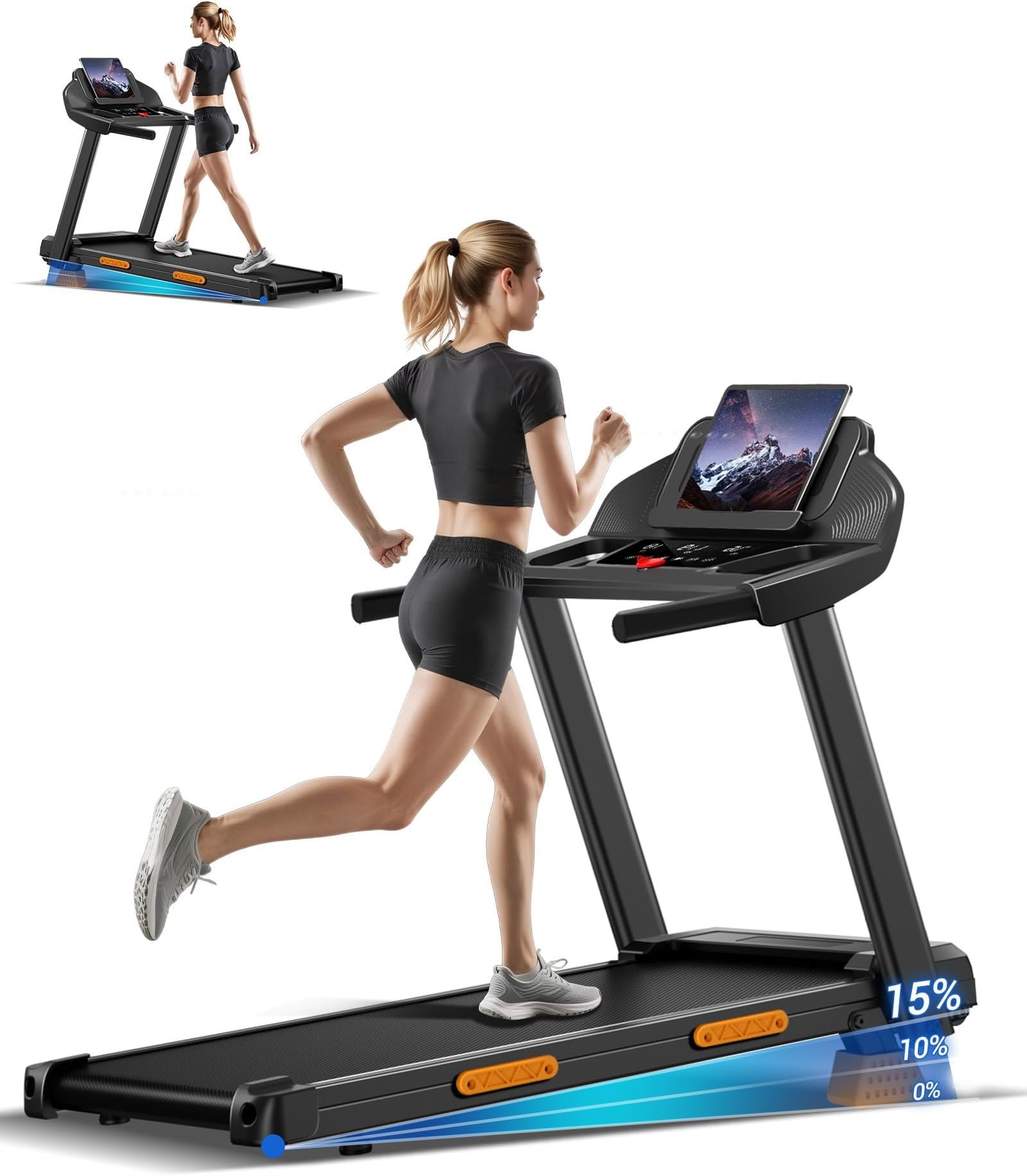 UMAY Home Treadmill Foldable 14 km/h 3.0 PS / 2200 W Treadmill with Heart Rate Monitor, App and Speaker, 12 Training Programs, 12 Training Programs, Maximum Load 136 kg Spring
