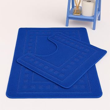 HOMES-LINEN Diem Square 2 Piece Bath Mat & Pedestal Set Non Slip Extra Absorbent Bathroom Toilet Rug Bath Mats Set Royal Blue