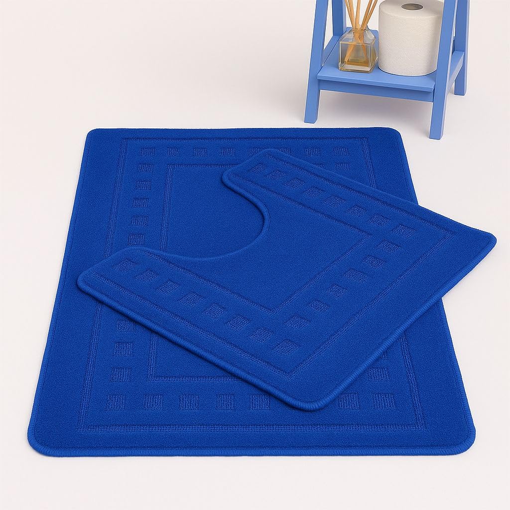 Bella Nights Diem Square 2 Piece Bath Mat & Pedestal Set – Non Slip Extra Absorbent Bathroom Toilet Rug – Soft Bath Mats Set for Shower, Tub & Toilet (Royal Blue)