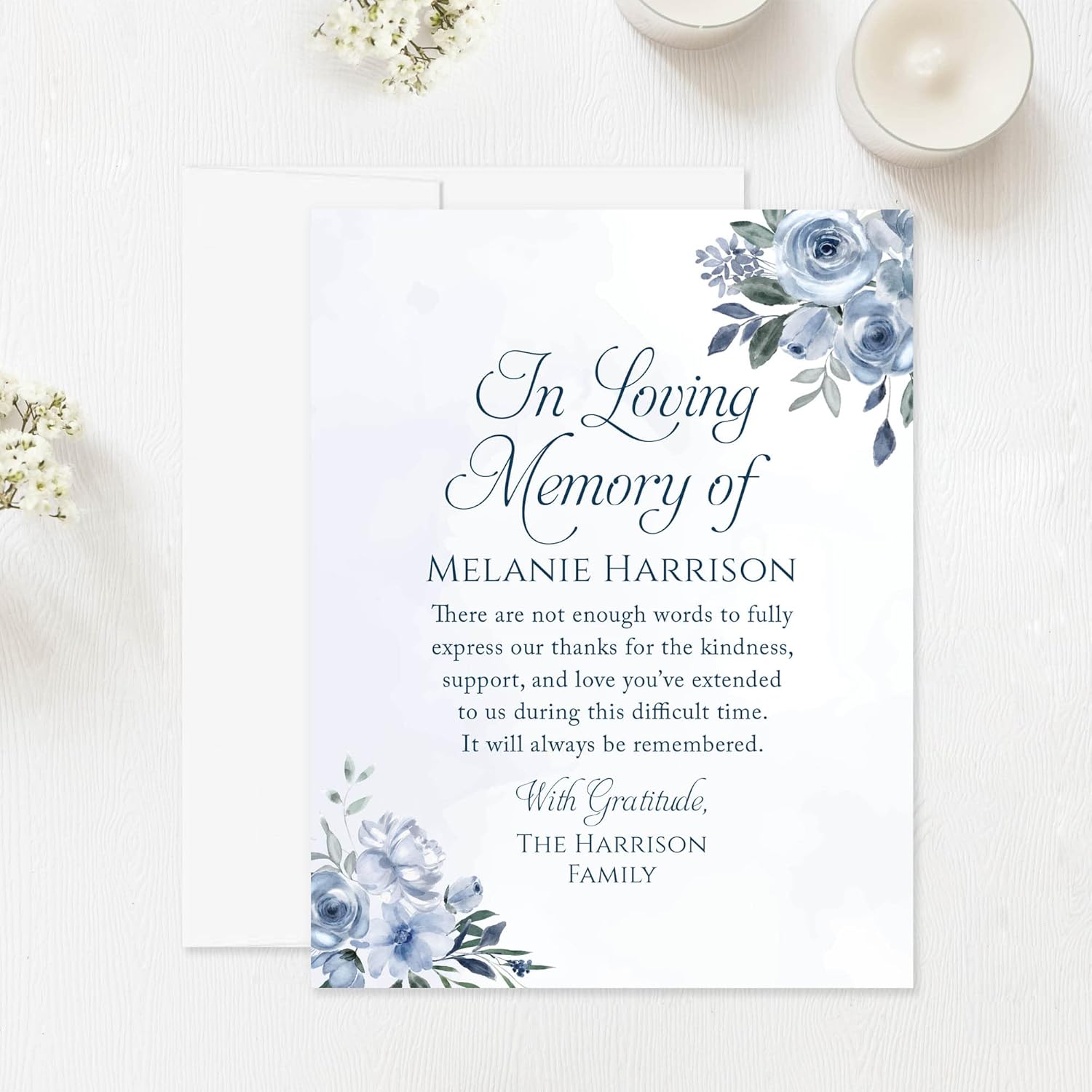 Soft Blue Floral In Loving Memory Funeral Thank You Cards, Personalized Sympathy Acknowledgements, Elegant Bereavement Flat Notes with Envelopes - 4.25x.5.5"