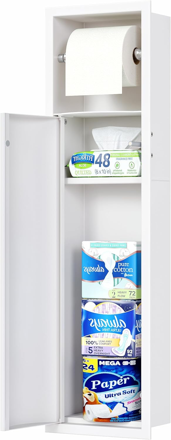 Recessed Toilet Paper Holder with Curved Door, Matte White 304 Stainless Steel in Wall Tissue Paper Holder for Bathroom, Perfect Depth Fits Standard American Drywall