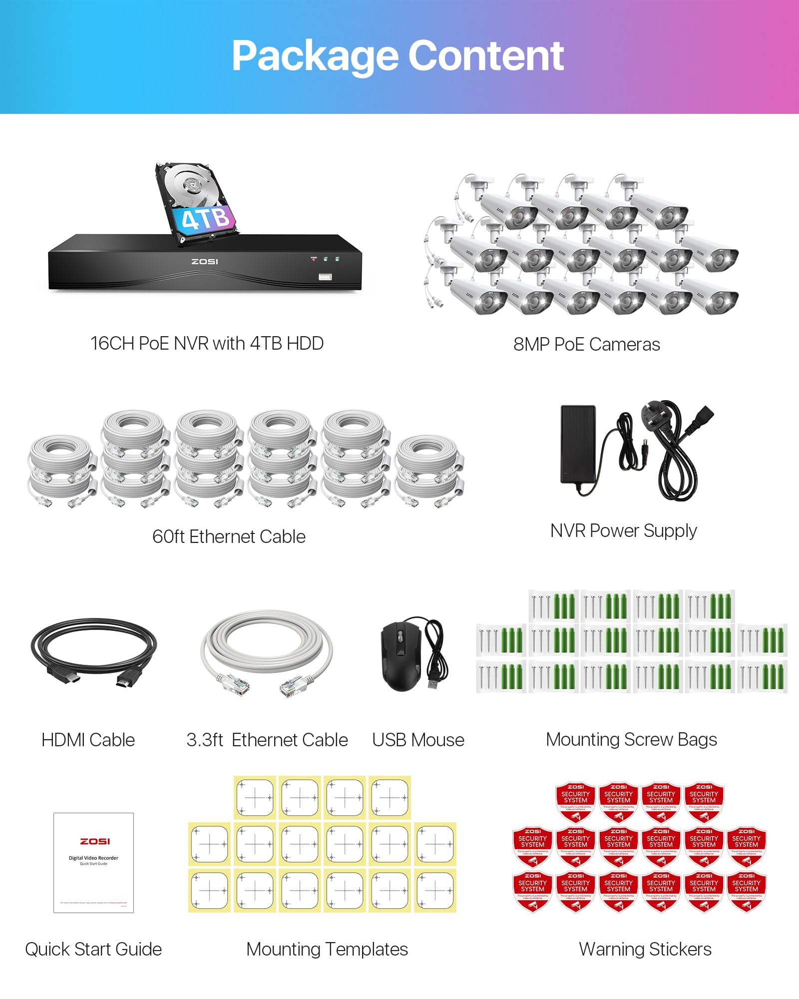 ZOSI 4K Kit Videosorveglianza PoE, 16 Porte 24CH 4K 4TB NVR con 16x 8MP Telecamera PoE, Audio Bidirezionale, Visione Notturna a Colori, Rilevamento AI di Persone/Veicoli, Controllo Remoto, C182