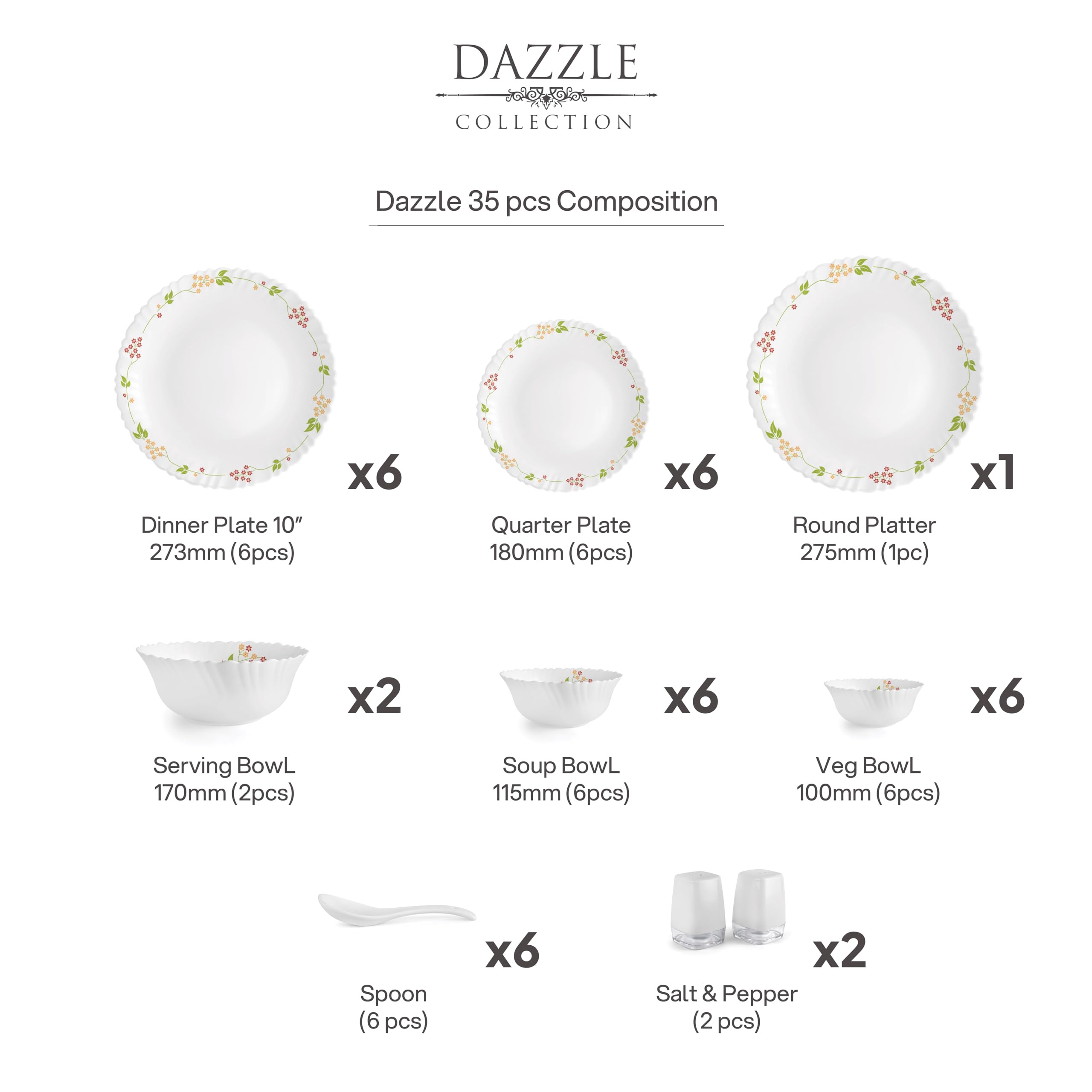 Cello Opalware seria Dazzle Secret Garden zestaw obiadowy, 35 sztuk, zestaw obiadowy ze szkła opalowego dla 6 osób, lekki, zestaw naczyń do codziennego użytku do jadalni, zestaw białych talerzy i