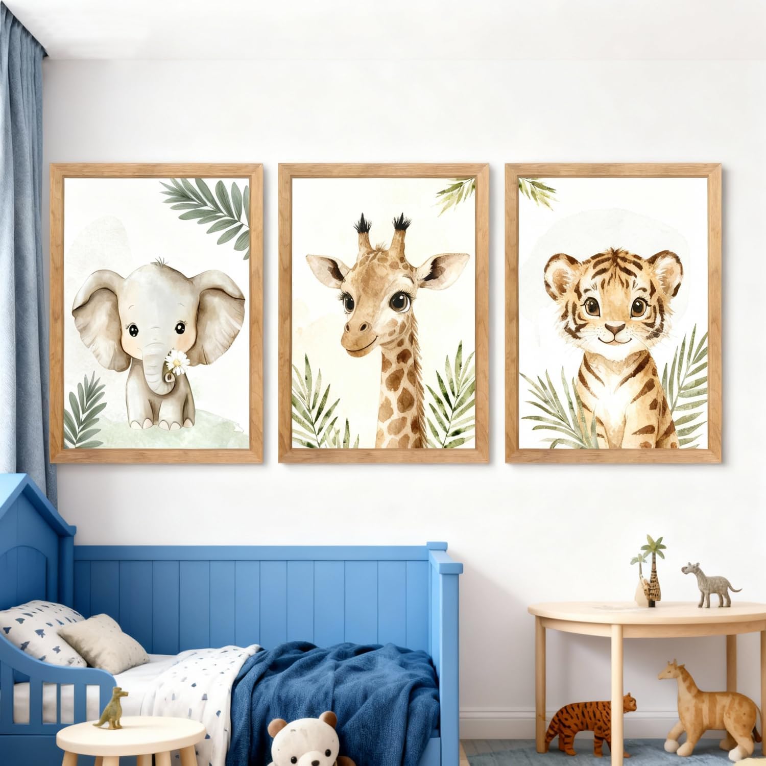 3 Set Safari Nursery Wall Decor, 11x16 Inch Framed Cute Giraffe Elephant Tiger Print Sign, Jungle Theme Cartoon Animal Wall Art for Baby Girl Boy Room Decoration, Natural