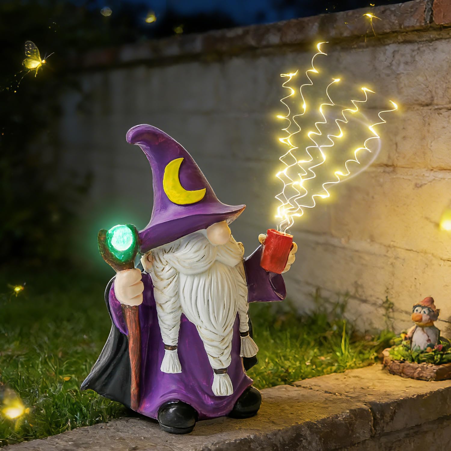 USJOK Solar Garden Light Gnome with LED Firefly Lights 24cm Waterproof Garden Statue for Patio, Lawn, Yard Magical Outdoor Decor & Gift for Mom, Housewarming, Birthday​ (Wizard)