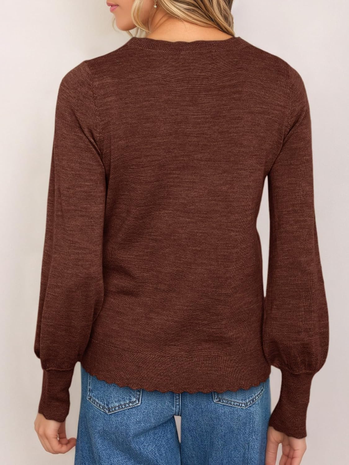 Cicy Bell Womens Crew Neck Long Sleeve Sweater Trendy Casual Scallop Trim Fall Knit Lightweight Pullover Tops