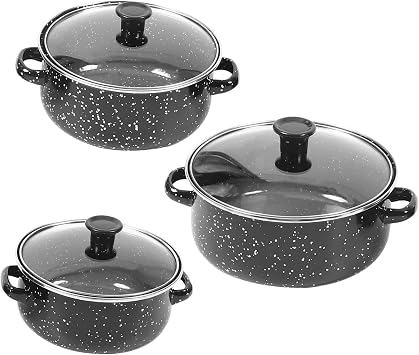 3-Piece Enamel Mini Soup Pot Set with Lid Small Double-Handle Cooking Pot for Stovetop for Stews and Noodles