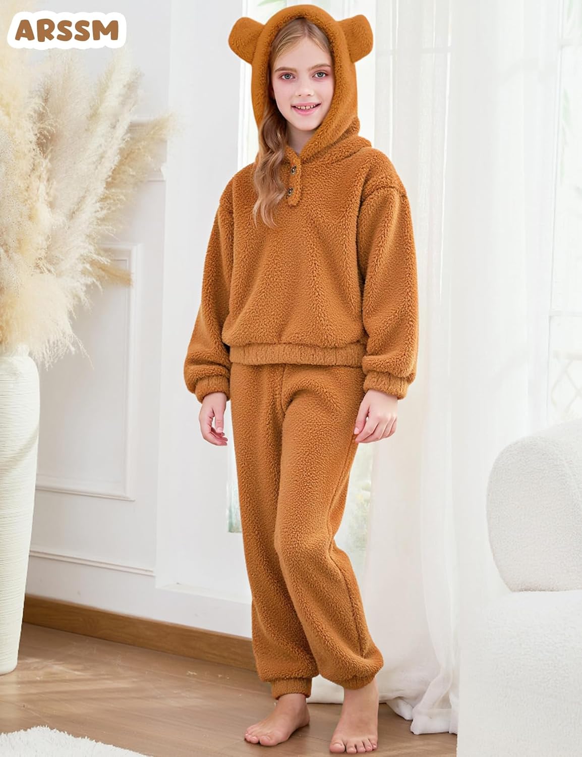 Arssm Girls Fuzzy Pants Set Bear Ear Fuzzy Hoodie Sweatshirt and Sweatpant Kids Clothing Sets