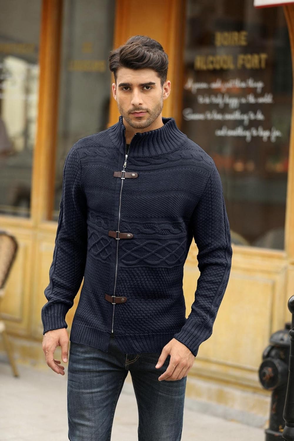 Karlywindow Men's Cable Knitted Oplique Zip Button Front Long Sleeve Cardigan Sweater - Image 3