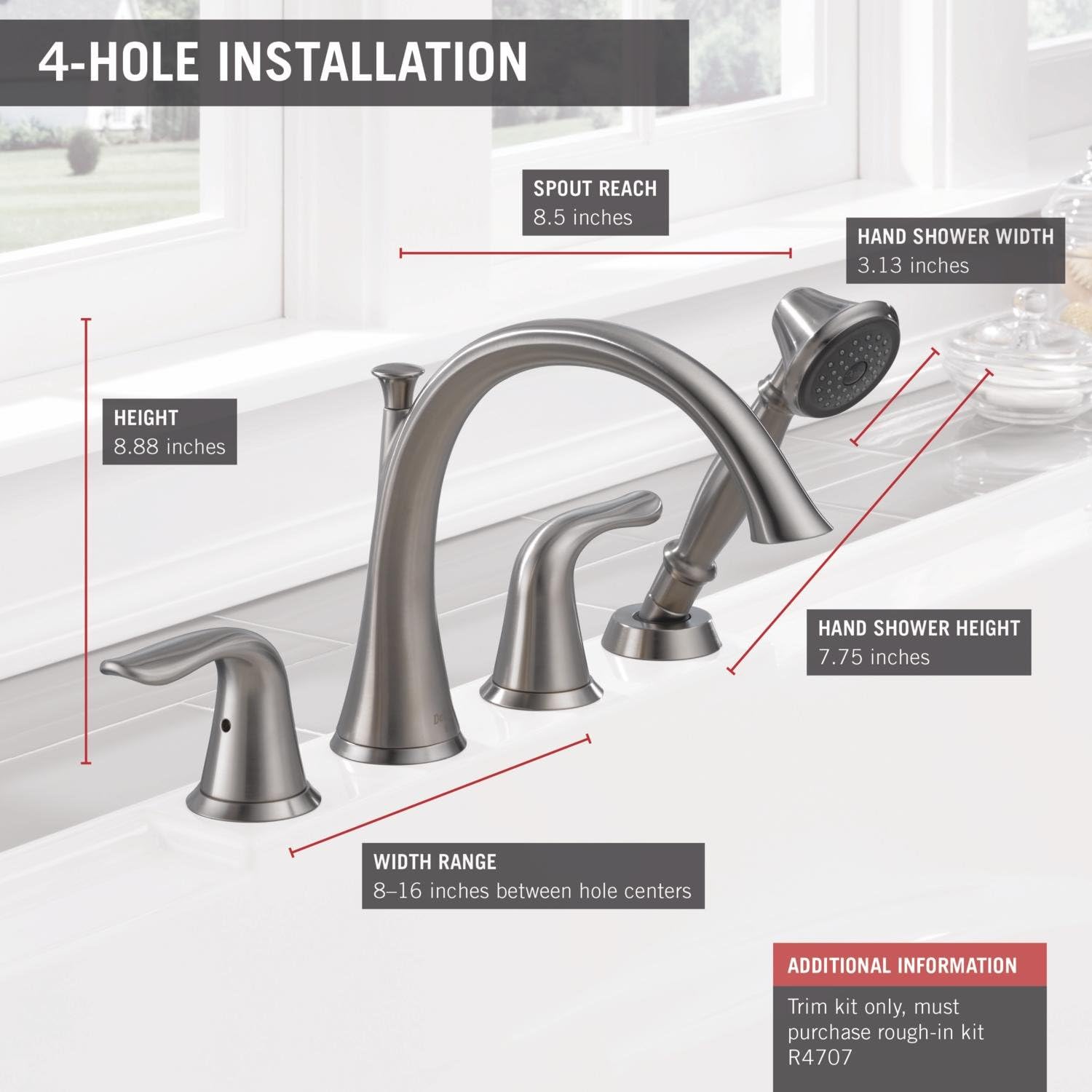 Delta Faucet Lahara Roman Tub Faucet Set with Hand Shower - T4738-SS - Bathtub Trim Kit with Tub Faucet, Handles & Hand Shower - Stainless (Valve Sold Separately)