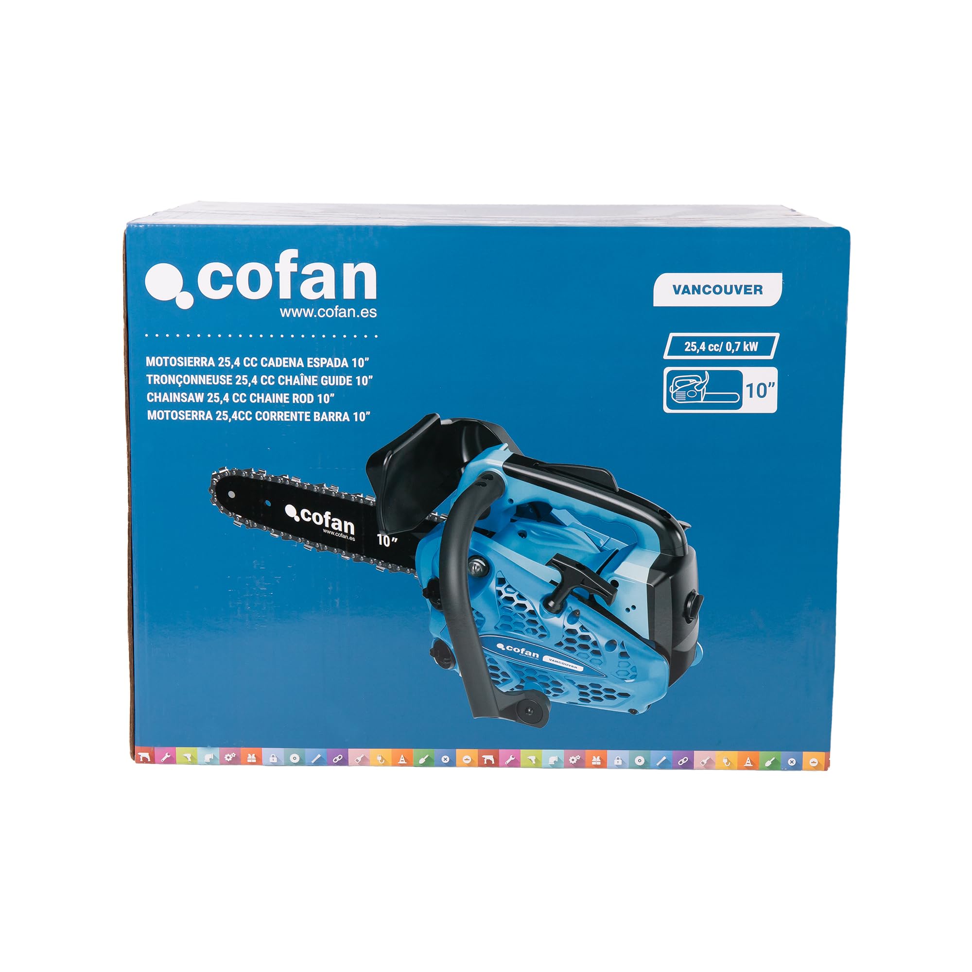 Cofan Motosierra de poda de gasolina | Motor de 2 tiempos | Espada de 10" | 25,4 cc | Potencia: 0,9 CV | Sistema antivibración