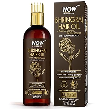 WOW Skin Science Bhringraj Hair Oil - with Comb Applicator - for All Hair Types - Non-Sticky & Non-Greasy Hair Oil - No Mineral Oil, Silicones, Synthetic Fragrance - 100mL