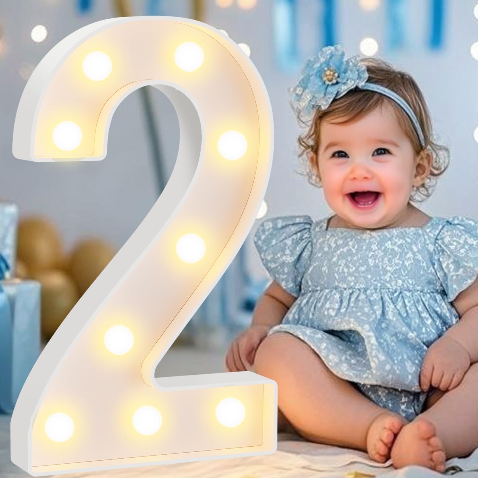 Large Light Up Numbers for 2nd Birthday Decorations, 12.6 in Tall White Plastic Marquee Numbers Sign Party Decorations, Gift for Girls Boys Night Light Wedding Anniversary Decor, Big Number 2