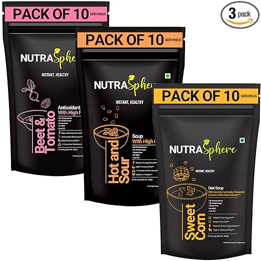 Diet Protein Soup Combo Packets. Beetroot Tomato, Hot n Sour, Sweet Corn Soups For Weight Management (Instant, No MSG, Preservative Free, Sugarfree, Gluten Free)- 10 Sachets Each