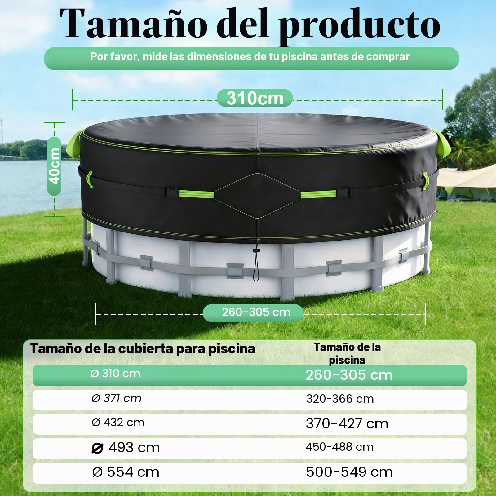 Cubierta para Piscina, Lona Piscina con Tiras Reflectantes, Estaca Luminosa, con Protección UV, Hermética al Polvo, para Piscinas Elevadas y Trampolines, Ø304 (260-302cm), Negro