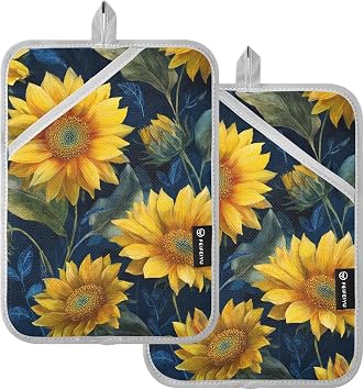 Sunflowers Fall Blue Pot Holders Set of 2 Heat Resistant Hot Pads for Kitchen Pot Holder with Pocket Washable Oven Mitts Potholder Trivet for Cooking Microwave Baking BBQ, 7" x 9.8"