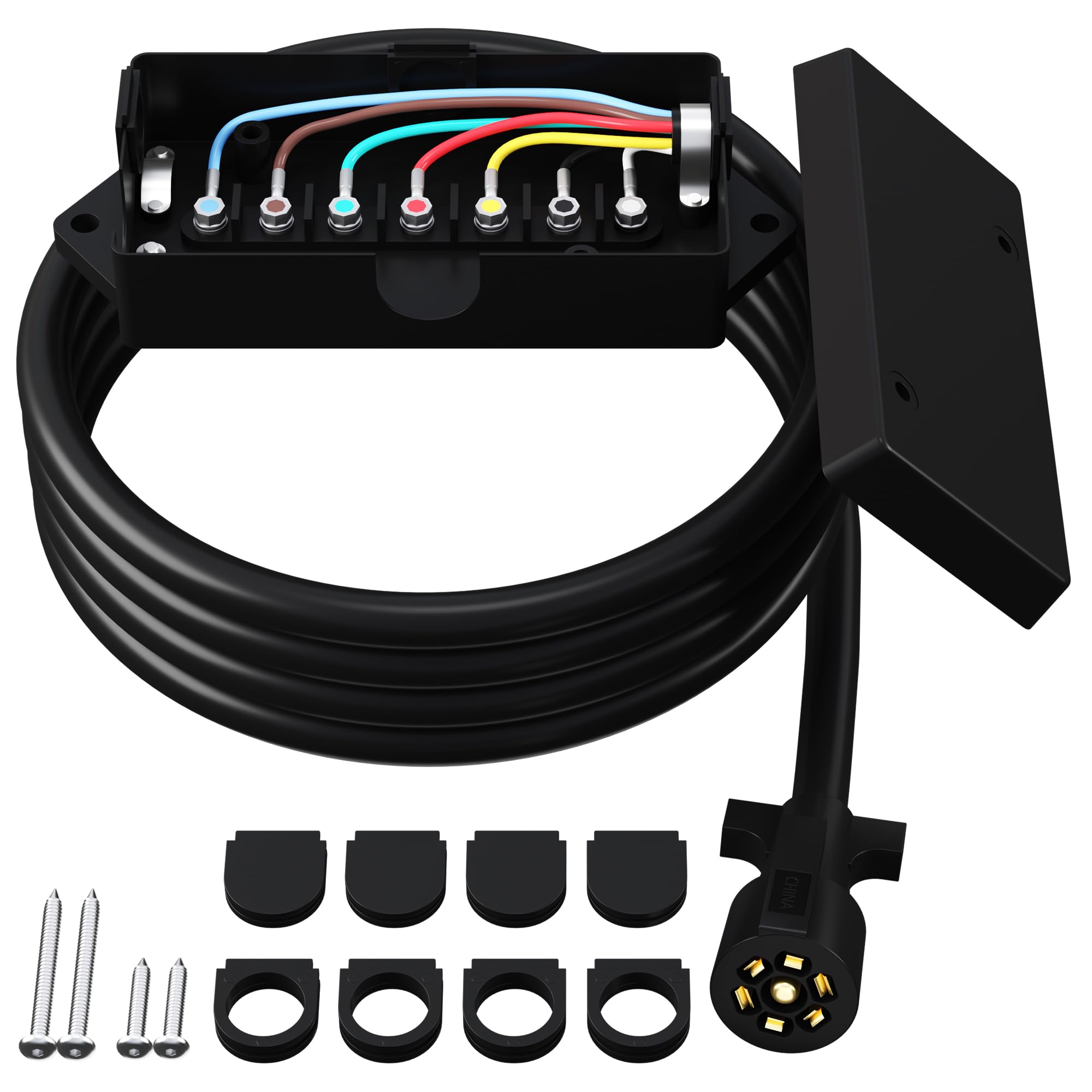 Cable de remolque en línea de 7 vías resistente de 15 pies con caja de conexiones impermeable de 7 bandas, extensión de cable conector de 7 pines para RV, camión, caravana, barco, enganche de remolque