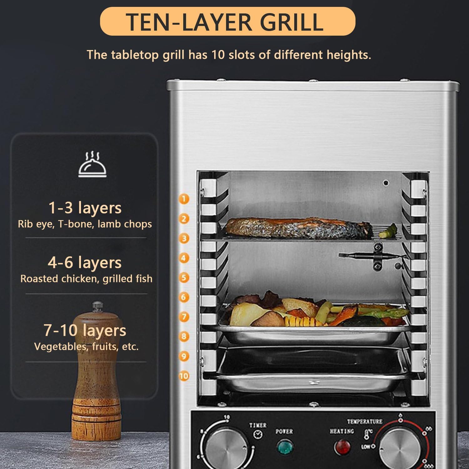 1700w Electric Steak Broiler with 10 Grilling Slots, 0-10min Time / 200-800℃ Temperature Adjustable, Smokeless Steak Grill for Commercial and Household Use,220V