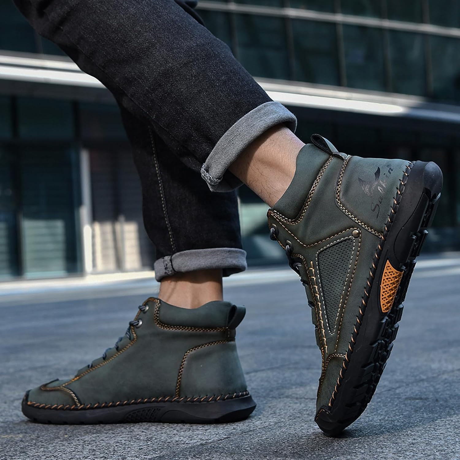 Men's Casual Hiking Chukka Boots,Comfort Handmade Leather Waterproof Non-slip Ankle-Support Lace-up Outdoor Travel Shoes