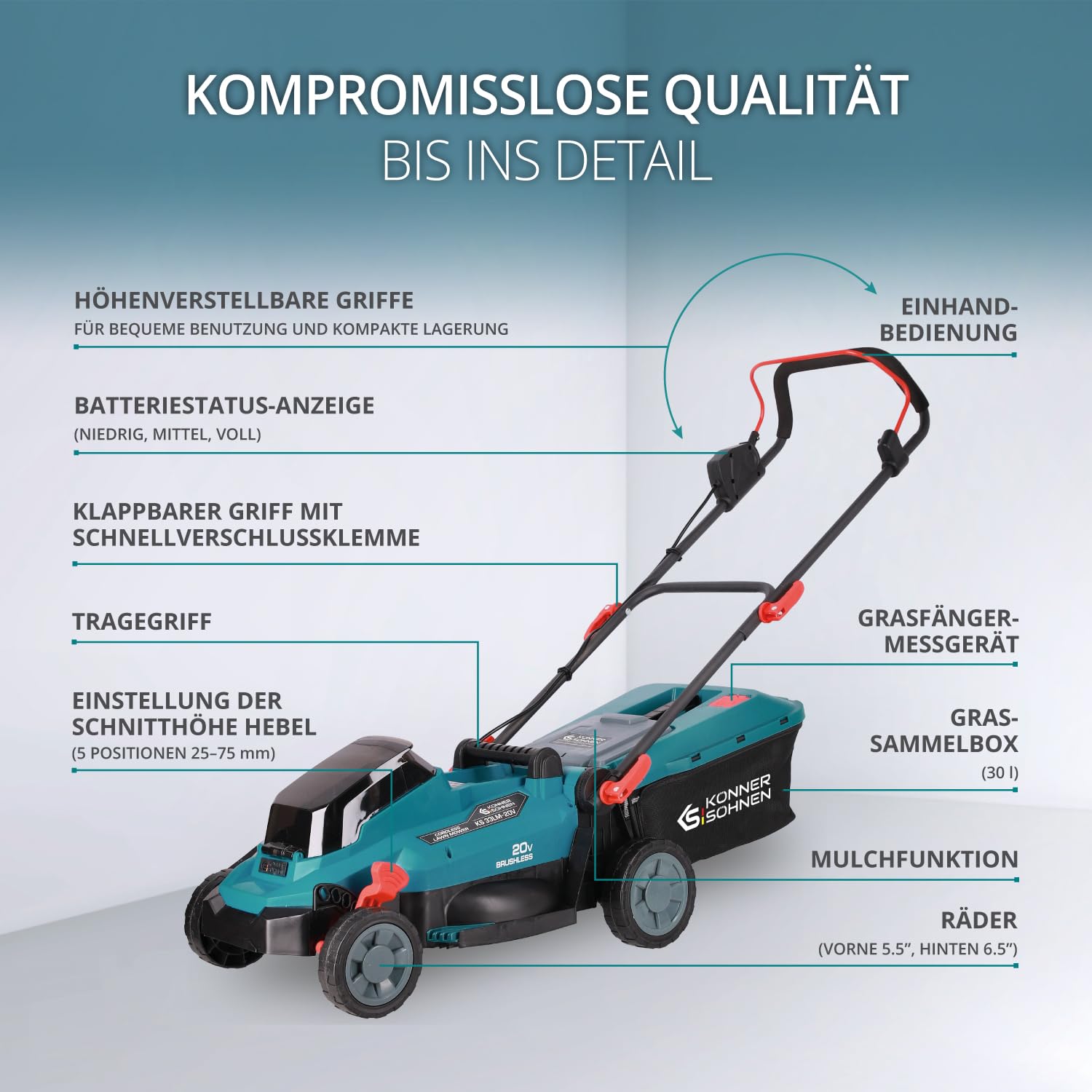 K&S Könner&Söhnen Zestaw do urządzeń ogrodowych zasilanych akumulatorem, do pielęgnacji trawnika, KS 33LM-BCT20V-SET 20 V i kosiarka (5 pozycji) do pielęgnacji trawnika, ładowarka + akumulator 4 Ah