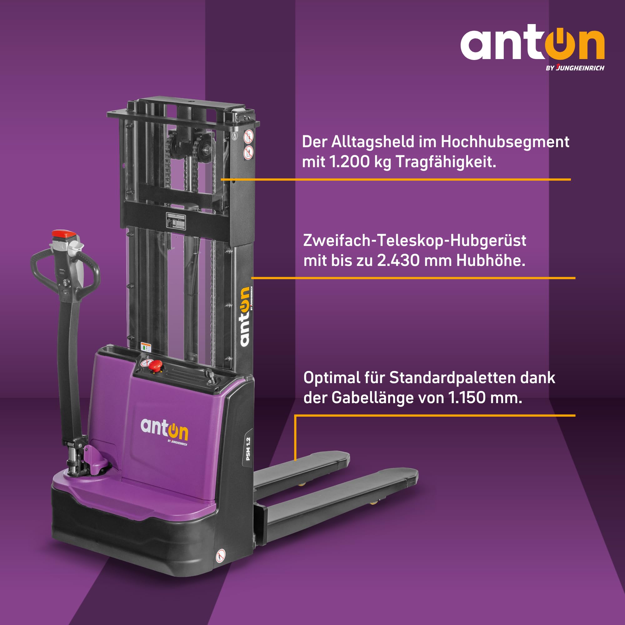 AntOn by Jungheinrich Elektro-Hochhubwagen PSM 1.2 | 1.200 kg Tragkraft | 2.522 mm Hubhöhe | 1.150 mm Gabellänge | Lithium-Ionen-Batterie 24 V / 40 Ah mit Ladegerät | 2-Fach-Teleskop-Hubgerüst