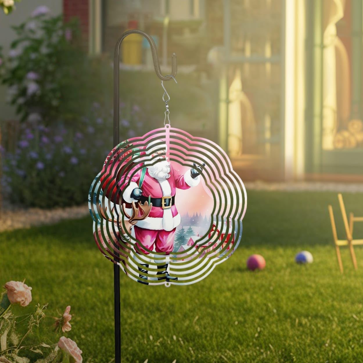 Pink Deer Santa Claus Christmas Wind Spinners 3D Stainless Steel Laser Cut Metal Double Sided Printing-Hanging Indoor/Outdoor Decorations Yard Gardening Decor,Metal Kinetic Art 14x14 inches