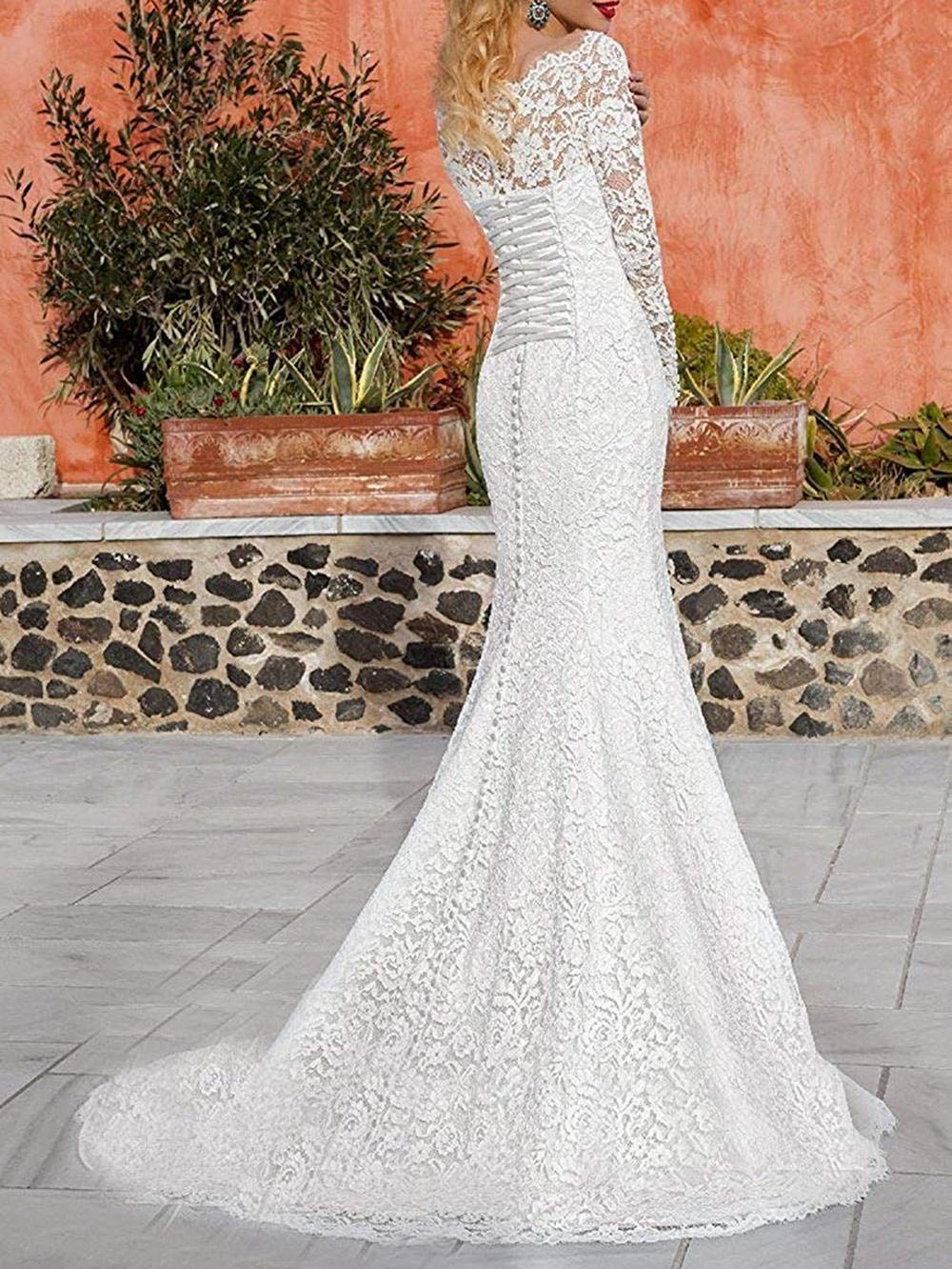 RONGLONG Abito da Sposa Lungo delle Donne Mermaid Pizzo Bridal Fashion Manica Lunga, Bianco Avorio, 50