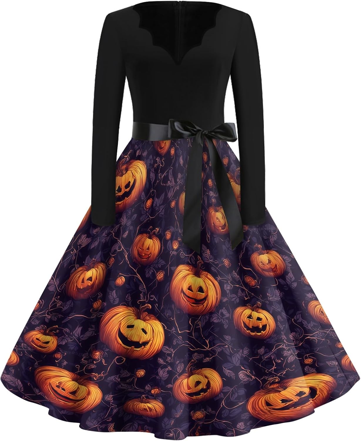 Womens Halloween Print V Neck Vintage Dress Long Sleeve High Waist A Line