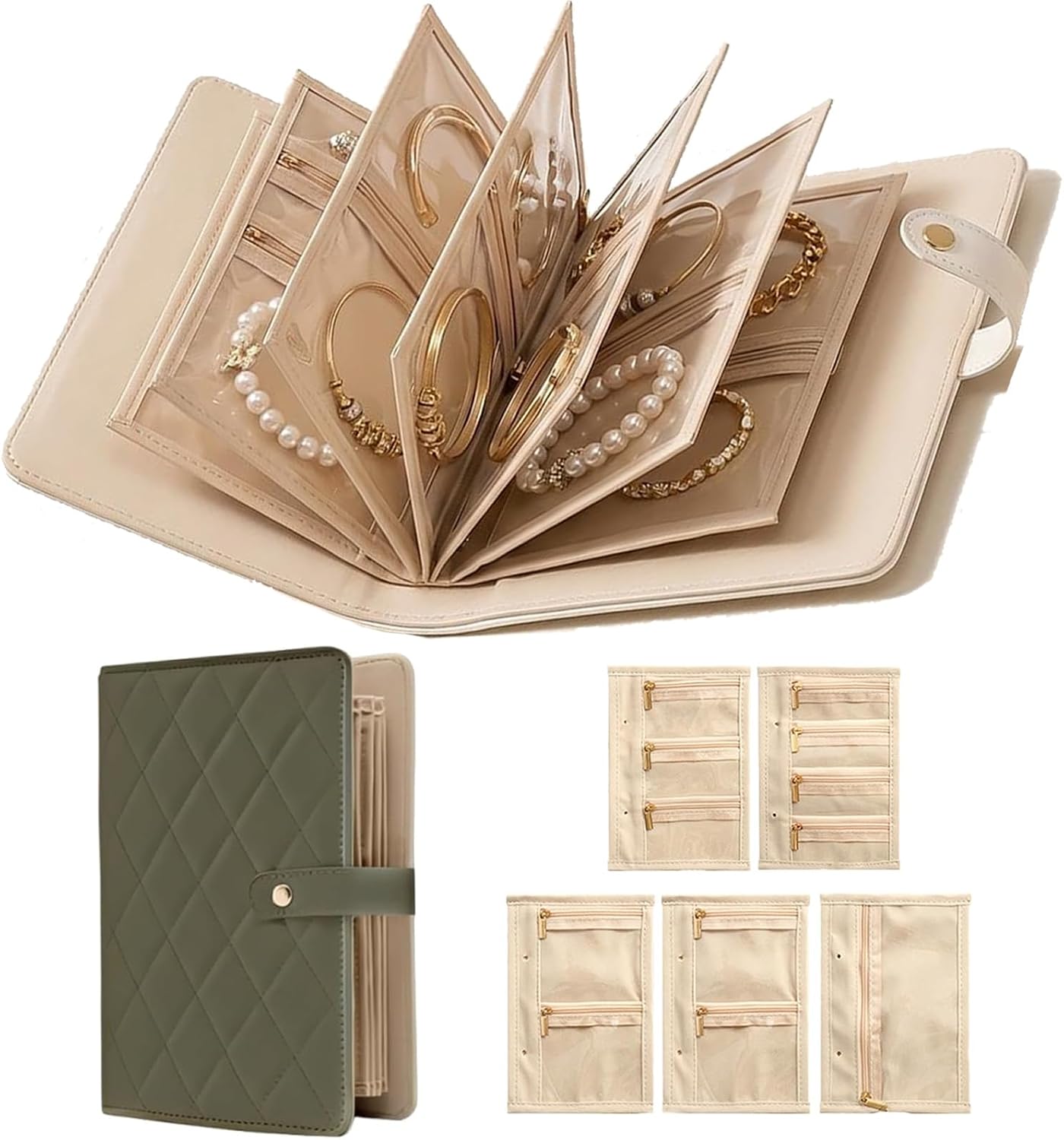 Travel Jewelry Notebook - Leather Jewelry Travel Organizer Case with 5 Detachable Pages, Compact Book Jewelry Box for Women, Portable Storage for Rings, Necklaces, Earrings (Green)