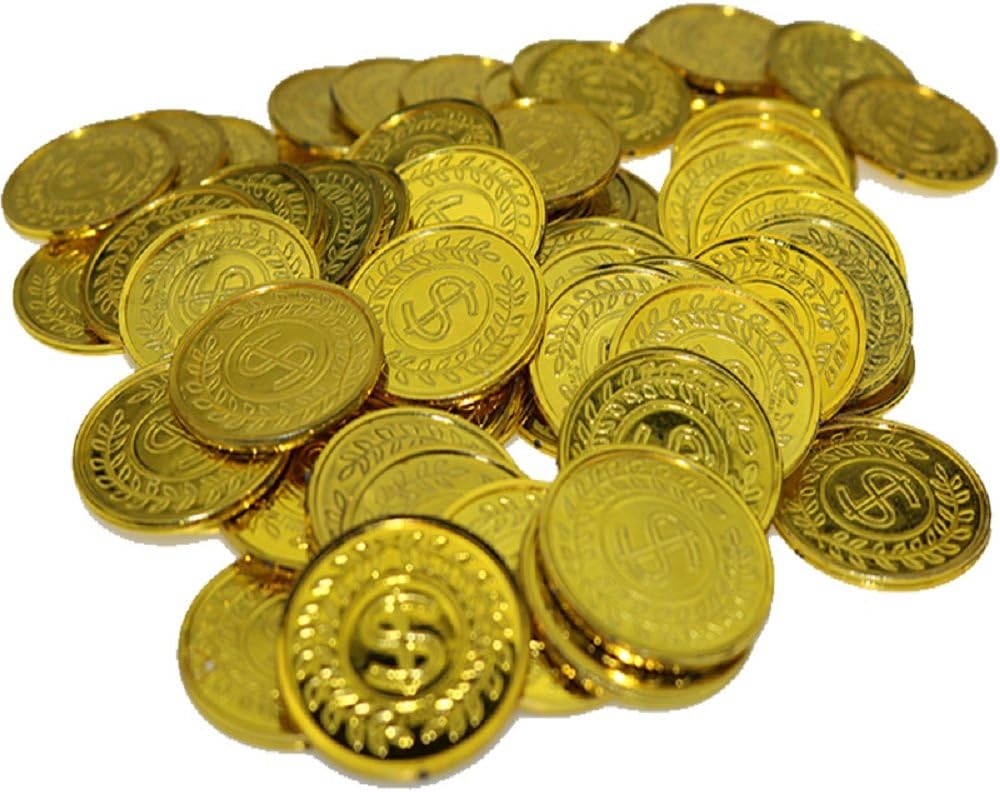 Pashali 100Pcs Plastic Play Coins Gold Pirate Treasure Hunt Coins Toys For Kids Party Theme Props Decoration,Party Favor,Lucky Draw Games, Great For Kids, Toddlers, Teachers