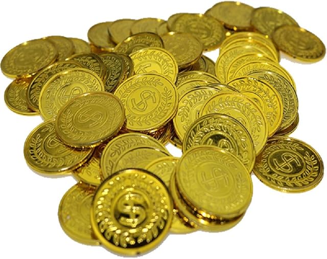 100Pcs Plastic Play Coins Gold Pirate Treasure Hunt Coins Toys For Kids Party Theme Props Decoration,Party Favor,Lucky Draw Games, Plastic Gold Coins Great For Kids, Toddlers, Teachers
