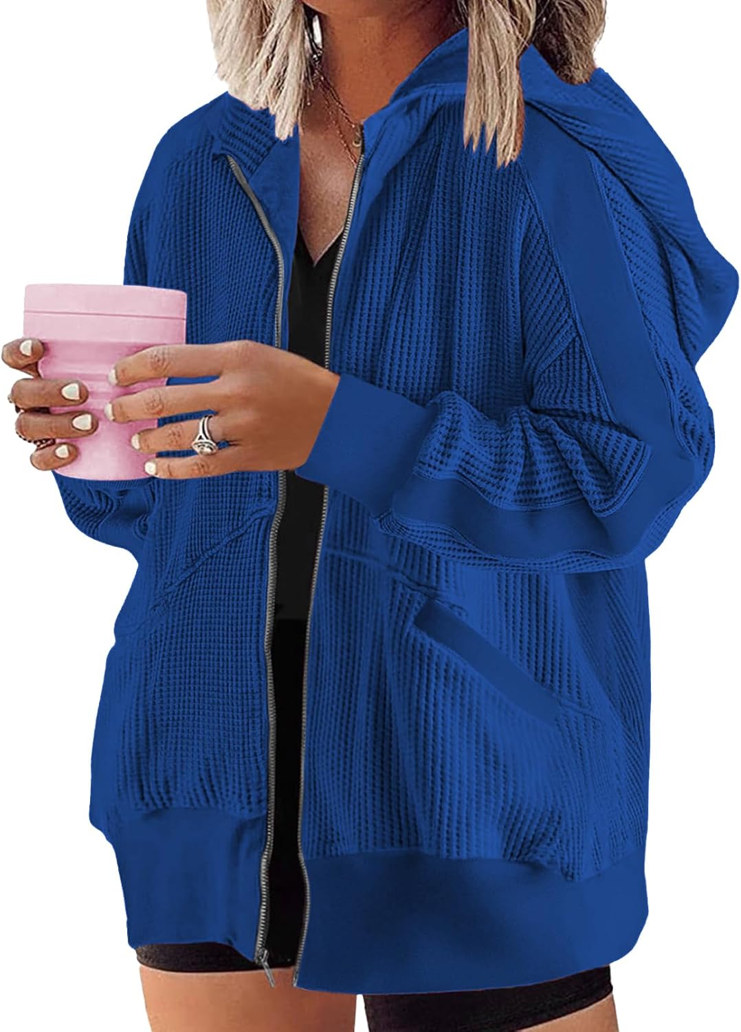 Womens Plus Size Hoodies Long Sleeve Zip Up Sweatshirt Waffle Knit Shacket Jacket Coat Outwear