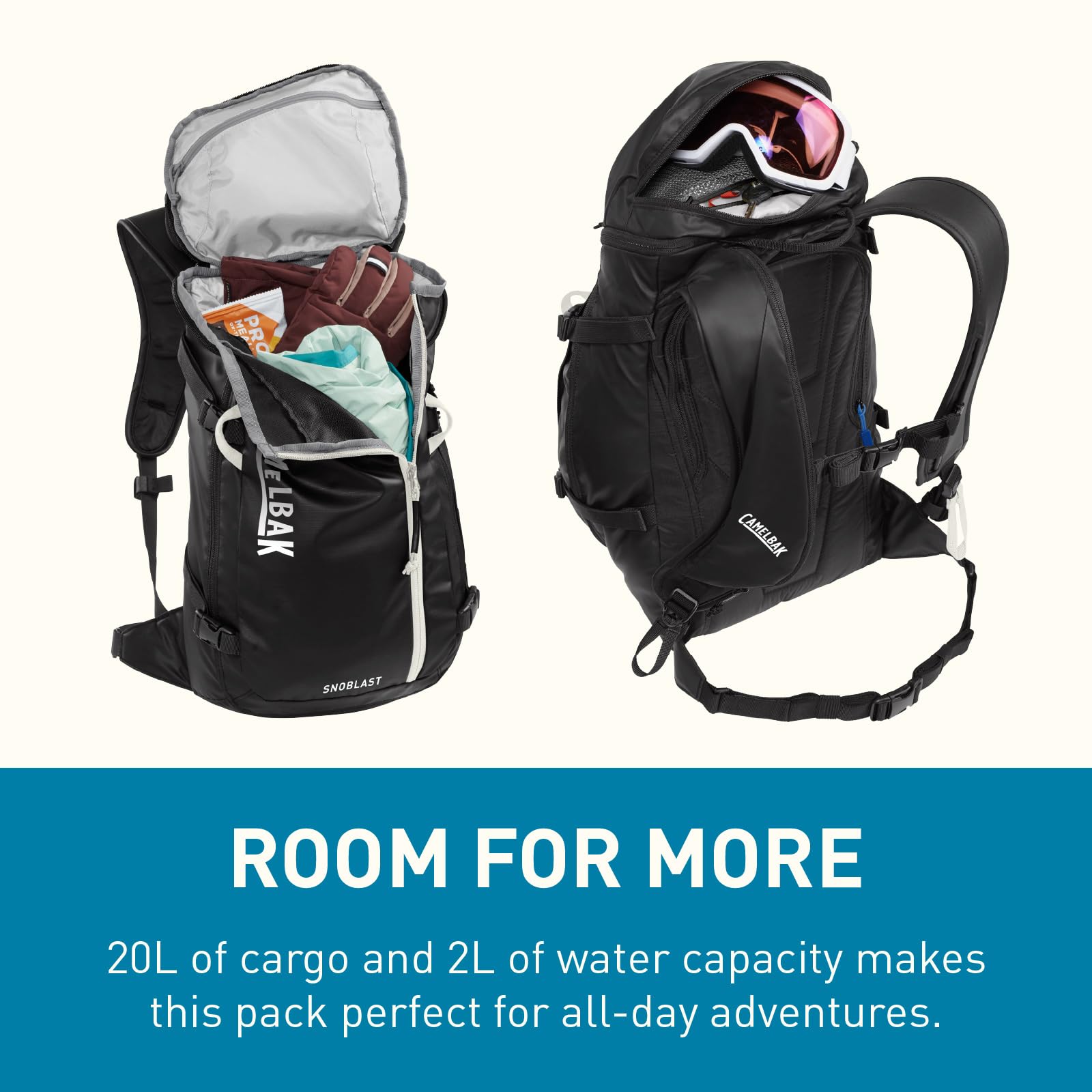 CamelBak SnoBlast 22 Snow Hydration Pack with 70oz Crux Reservoir, Insulated Design and Ski Carry for All Day Winter Riding, Black/White 2.0
