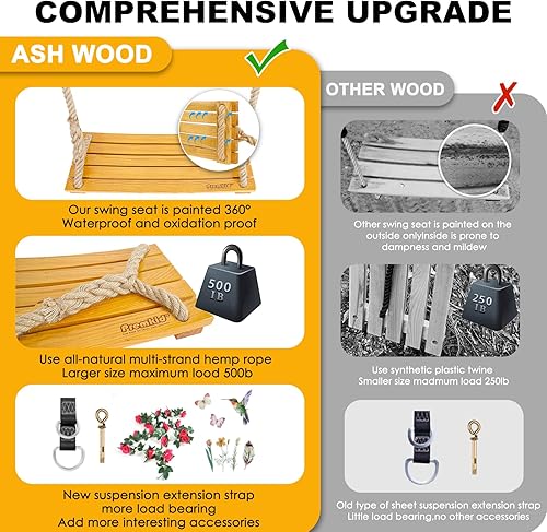 Miniatura 6 de Columpio de madera para colgar, asiento de columpio de 20 x 10 x 1.4 pulgadas, columpio de árbol para adultos y niños, columpio de interior con