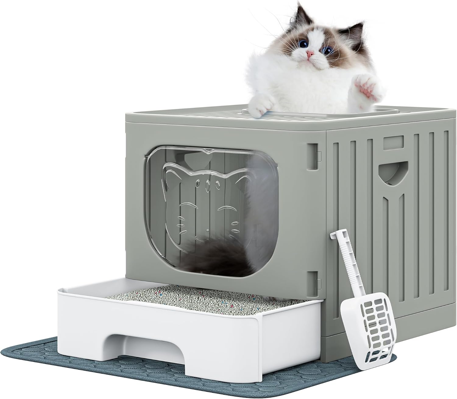 YITAHOME Foldable Cat Litter Box with Top Exit & Slide-Out Tray, Spacious, Odor-Controlling & Travel-Friendly – Premium PP, Leak-Proof & Easy Clean (Includes Scoop & Mat) (Grey)