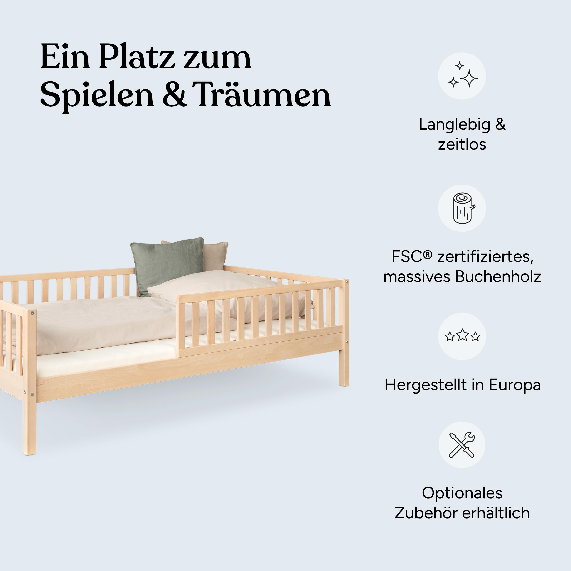 Ehrenkind® Kinderbett Buche Livo | FSC Zertifiziert | Kinderbett mit Rausfallschutz | Massivholz inkl. Lattenrost | 120x200 cm Natur | Bett 90x200 | Inkl. Rausfallschutz