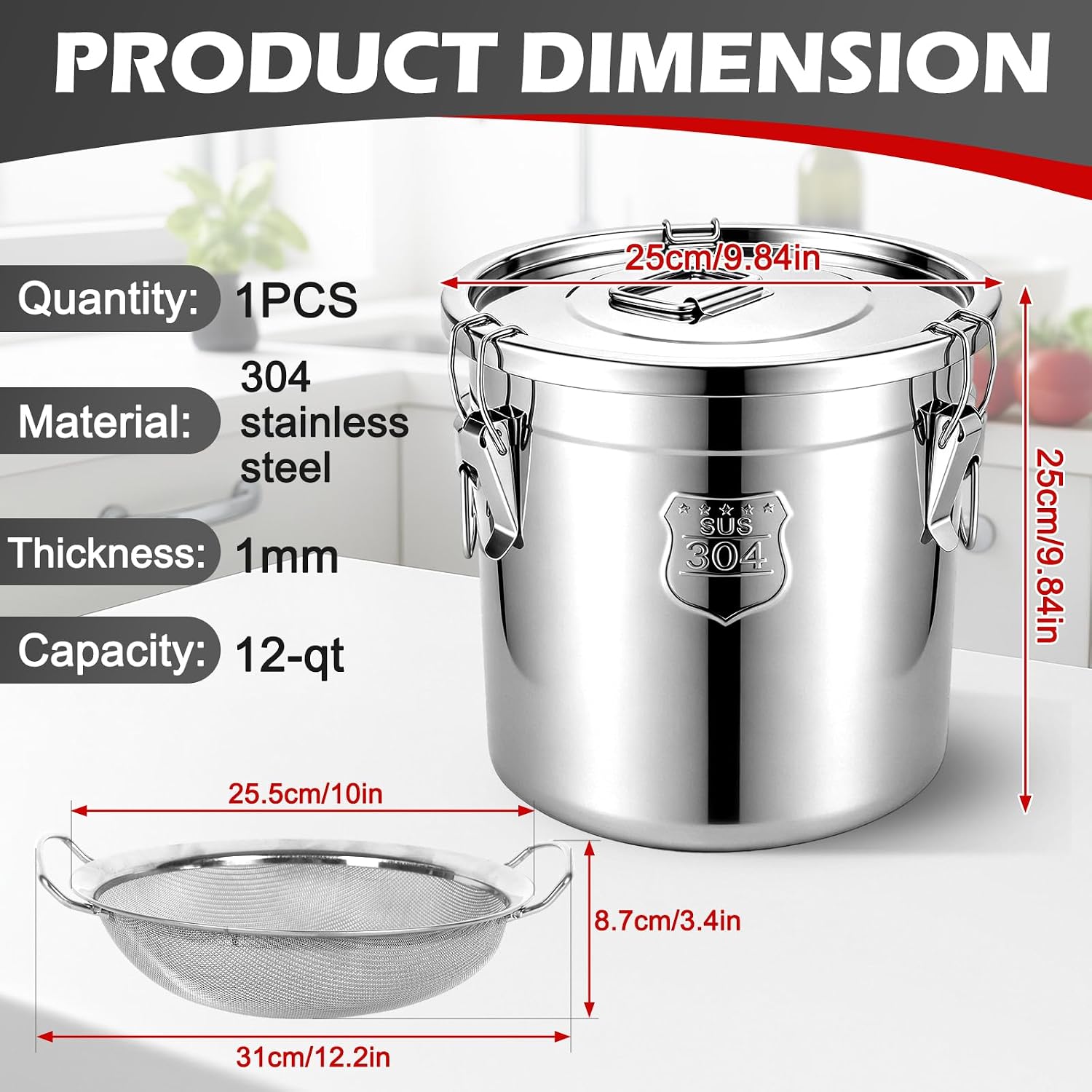 12L/3.17 Gal Cooking Oil Storage Can Commercial Oil Container with Filter & Lid Metal Bucket Food Storage Containers Airtight for Rice Flour Grain Dog Food Coffee Bean, 304 Stainless Steel -Silver image 5