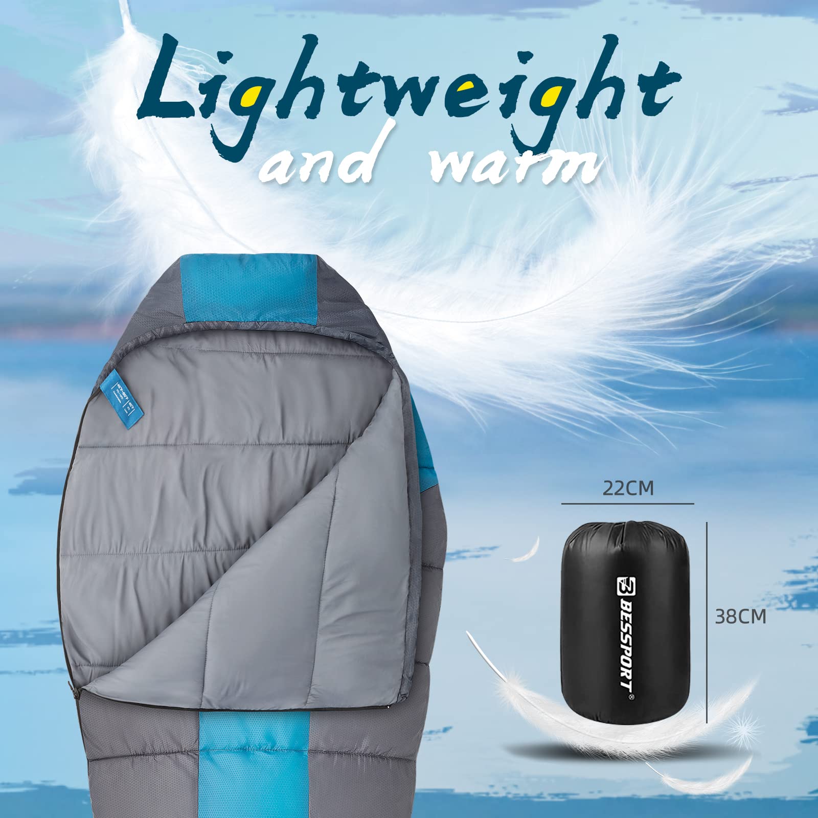 Bessport Sac de Couchage Adulte Momie 3 Saisons Ultraléger Portable Compact Camping Randonnée